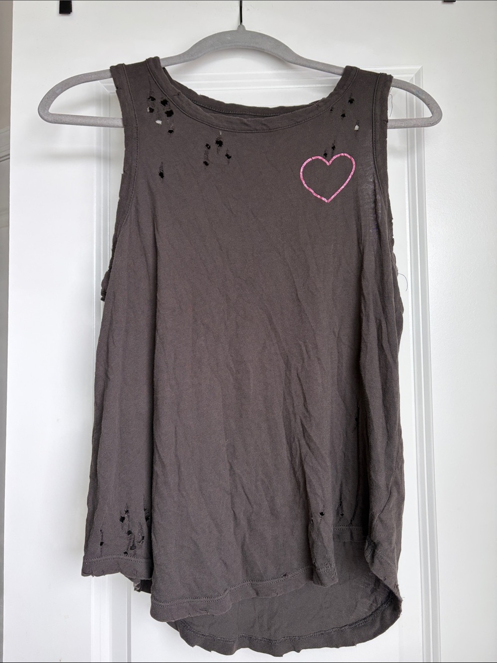 Chaser Gray Distressed Tank with Pink Heart